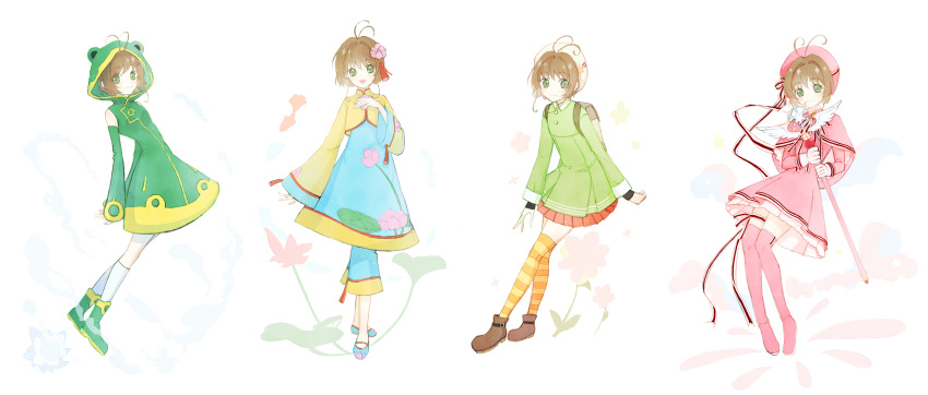 4girls absurdres animal_hood antenna_hair bare_shoulders belt belt_buckle beret black_belt blue_dress blue_pants blue_shoes boots brown_boots brown_hair buckle capelet cardcaptor_sakura chinese_clothes circle_skirt clenched_hand closed_mouth collared_jacket collared_shirt commentary_request contrast_collar detached_sleeves dress eyelashes flats floral_background floral_print flower frilled_dress frills frog_hood full_body green_boots green_dress green_eyes green_shirt green_sleeves hair_flower hair_ornament hand_on_own_chest happy hat hat_ribbon high_collar highres holding holding_wand hood hood_up hooded_dress jacket kinomoto_sakura kinomoto_sakura_(frog) kinomoto_sakura_(lotus) kinomoto_sakura_(silk_ribbon) kneehighs layered_sleeves leaning_forward leg_ribbon long_sleeves looking_at_viewer lotus magical_girl mining_helmet miqing multicolored_thighhighs multiple_girls multiple_persona neck_ribbon open_mouth orange_thighhighs pants pants_under_dress pink_boots pink_capelet pink_dress pink_flower pink_hat pleated_dress pleated_skirt print_dress red_ribbon red_skirt ribbon shirt shoe_belt shoes short_dress short_hair_with_long_locks sidelocks single_stripe skirt sleeveless sleeveless_dress sleeves_past_wrists smile socks sparkle standing star_(symbol) striped_ribbon tareme thigh_boots thigh_ribbon thighhighs two-tone_thighhighs wand white_background white_hat white_socks wide_sleeves winged_wand yellow_jacket yellow_theme