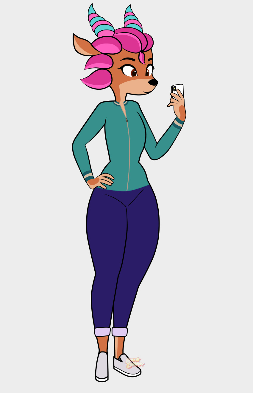 absurd_res amber_eyes anthro big_daddy bottomwear capreoline cervid clothed clothing denim denim_clothing female female/female hair hi_res jeans looking_at_object looking_at_phone mammal nu_pogodi nu_pogodi_reboot pants phone pink_hair roe_deer simple_background solo soyuzmultfilm tracksuit ulya