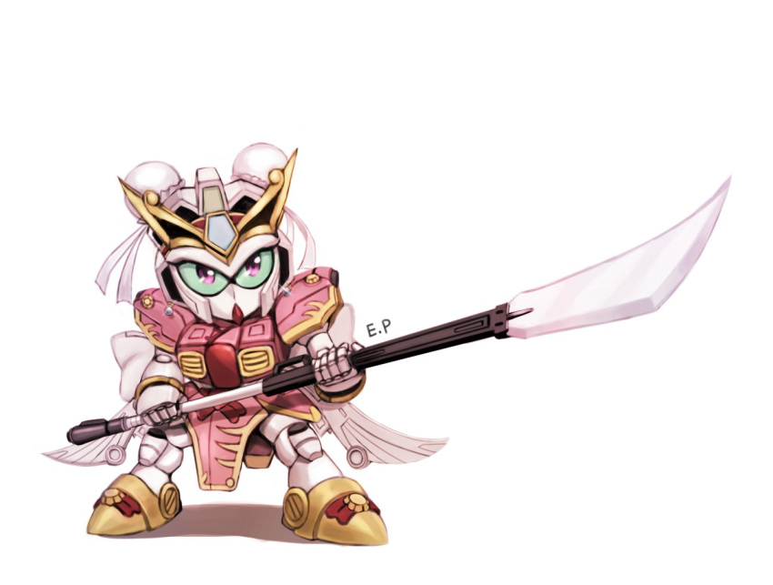 bun_cover colored_sclera elping green_sclera gundam holding holding_polearm holding_weapon korean_commentary looking_up mecha naginata no_humans polearm purple_eyes sd_gundam sd_gundam_sangokuden sonshoukou_garbera standing weapon white_background