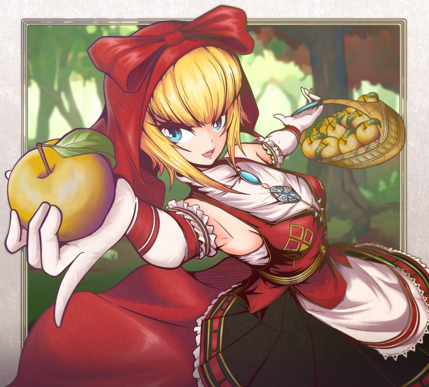 1girl absurdres apple artist_request bare_shoulders basket blonde_hair blue_eyes dress elbow_gloves food forest fruit gloves golden_apple highres holding holding_basket idunn_(megami_tensei) looking_at_viewer nature red_dress shin_megami_tensei shin_megami_tensei_v short_hair solo