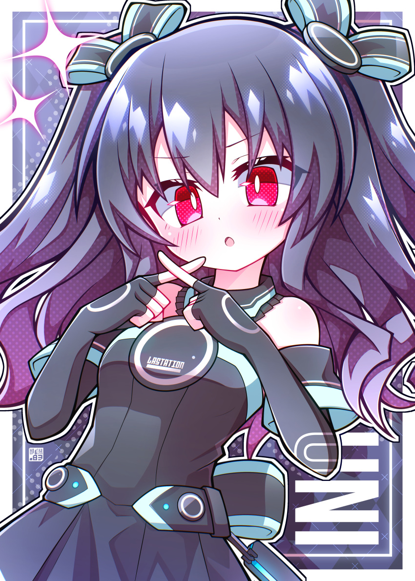 1girl absurdres aijiro83 bare_shoulders black_dress black_gloves black_hair character_name choujigen_game_neptune_mk2 commentary_request dress elbow_gloves fingerless_gloves gloves hair_ornament hair_ribbon highres long_hair looking_at_viewer neptune_(series) red_eyes ribbon short_dress sidelocks solo sparkle striped_ribbon