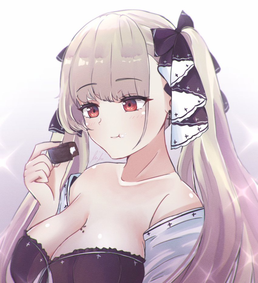 1girl azur_lane bangs bare_shoulders black_ribbon blush breasts chocolate cleavage closed_mouth dress eating eyebrows_visible_through_hair food formidable_(azur_lane) hair_ribbon highres holding holding_chocolate holding_food large_breasts long_hair looking_at_viewer platinum_blonde_hair pumpkinpaii red_eyes ribbon solo twintails upper_body white_background