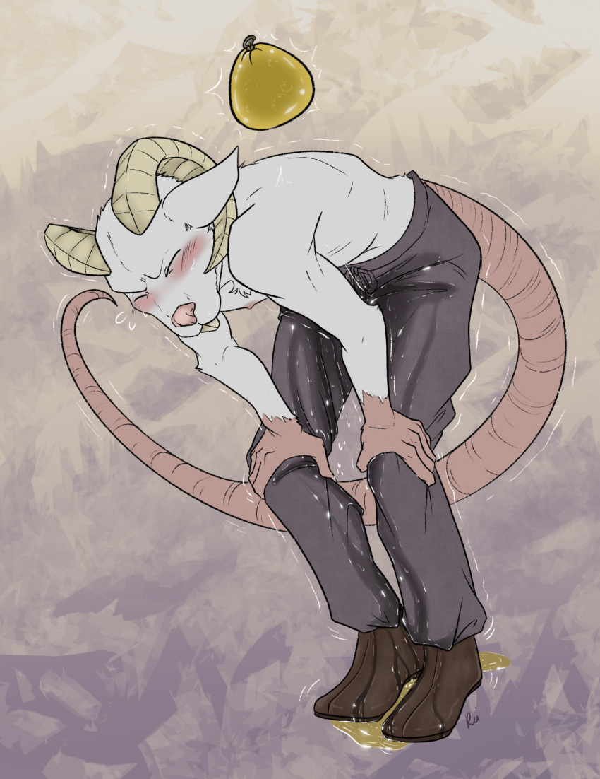 abstract_background anthro bent_over bibarel_rei blush bodily_fluids bottomwear buckteeth clothing desperation embarrassed eyes_closed footwear genital_fluids hands_on_knees hands_on_legs hi_res horn male male_anthro mammal murid murine nipples omorashi pants peeing peeing_on_ground purple_background rat rodent shaking shivering shoes simple_background skaven solo standing tan_background teeth urine urine_on_ground urine_pool warhammer_(franchise) water_balloon watersports wet wet_bottomwear wet_clothing wet_pants wetting white_body yellow_urine