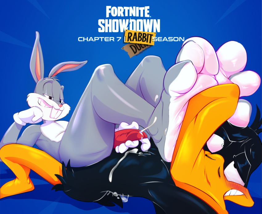 3_toes 4_toes anatid anseriform anthro avian avian_feet barefoot beak bird black_body black_eyes black_feathers blue_background blush bodily_fluids buckteeth bugs_bunny clothing countershading cum cum_on_body cum_on_feet cumshot daffy_duck duck duo ejaculation english_text erection feathers feet fingers foot_fetish foot_focus foot_in_mouth foot_on_face foot_play footjob fur genital_fluids genitals gloves grey_body grey_fur half-closed_eyes handwear hi_res humanoid_feet humanoid_genitalia humanoid_penis joe_erogenous lagomorph leporid looney_tunes lying male male/male mammal multicolored_body multicolored_fur narrowed_eyes nude on_back paws penile penis pink_nose plantigrade rabbit red_genitals red_penis sex simple_background smile soles teeth text toes two-footed_footjob two_tone_body warner_brothers white_body white_clothing white_feet white_fur yellow_feet
