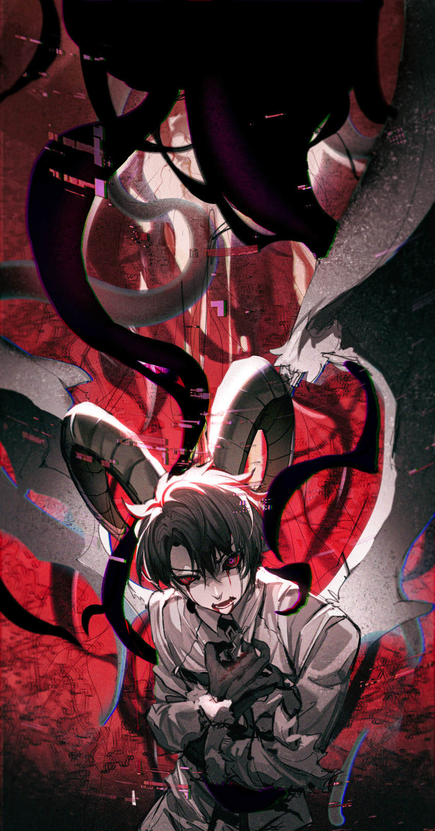 1boy absurdres bangs black_hair blood blood_from_eyes blood_from_mouth blood_on_face chaldea_uniform chinese_commentary collared_shirt colored_sclera commentary cosplay cowboy_shot curled_horns dark_young_(fate) dark_young_(fate)_(cosplay) demon_horns demon_wings fate/grand_order fate_(series) fujimaru_ritsuka_(male) hands_on_own_chest highres horns long_sleeves looking_at_viewer lower_teeth male_focus open_mouth pink_eyes qing_yu red_sclera shirt short_hair solo standing teeth white_shirt white_wings wings