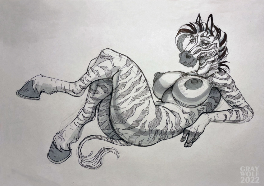 anthro big_breasts breasts equid equine female gray.wolf hooves looking_at_viewer lying mammal nipples on_back simple_background smile solo striped_body stripes white_body zebra