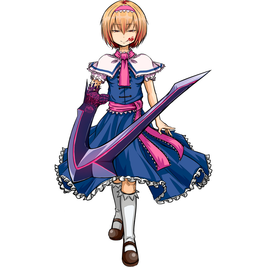 1girl :q absurdres alice_margatroid bangs blonde_hair blood blood_on_face blue_dress bois_de_justice brown_footwear capelet closed_mouth commentary_request cookie_(touhou) dies_irae dress eyebrows_visible_through_hair frilled_capelet frilled_dress frilled_hairband frilled_neckwear frilled_sash frills full_body hair_between_eyes hairband highres hinase_(cookie) looking_at_viewer mary_janes necktie pink_hairband pink_necktie pink_sash red_eyes sash shinza_bansho_series shoes short_hair simple_background smile socks solo tongue tongue_out touhou transparent_background walking white_capelet white_legwear youreizou_(lower_than_-273.15c)