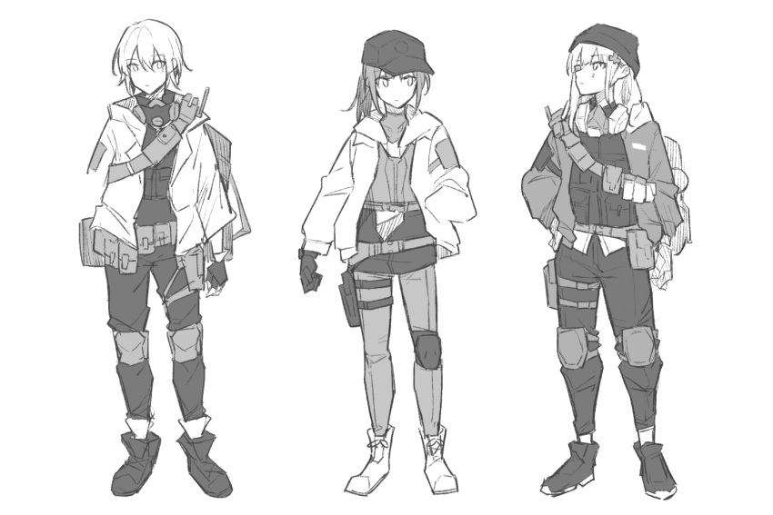 3girls agent_416_(girls'_frontline) agent_vector_(girls'_frontline) bangs baseball_cap closed_mouth commentary_request dima_(girls'_frontline) expressionless eyebrows_visible_through_hair genderswap genderswap_(mtf) girls'_frontline gloves hair_between_eyes hat jacket knee_pads long_hair long_sleeves mask monochrome multiple_girls pantyhose ponytail short_hair sidelocks simple_background sketch skirt tom_clancy's_the_division white_background xinhao