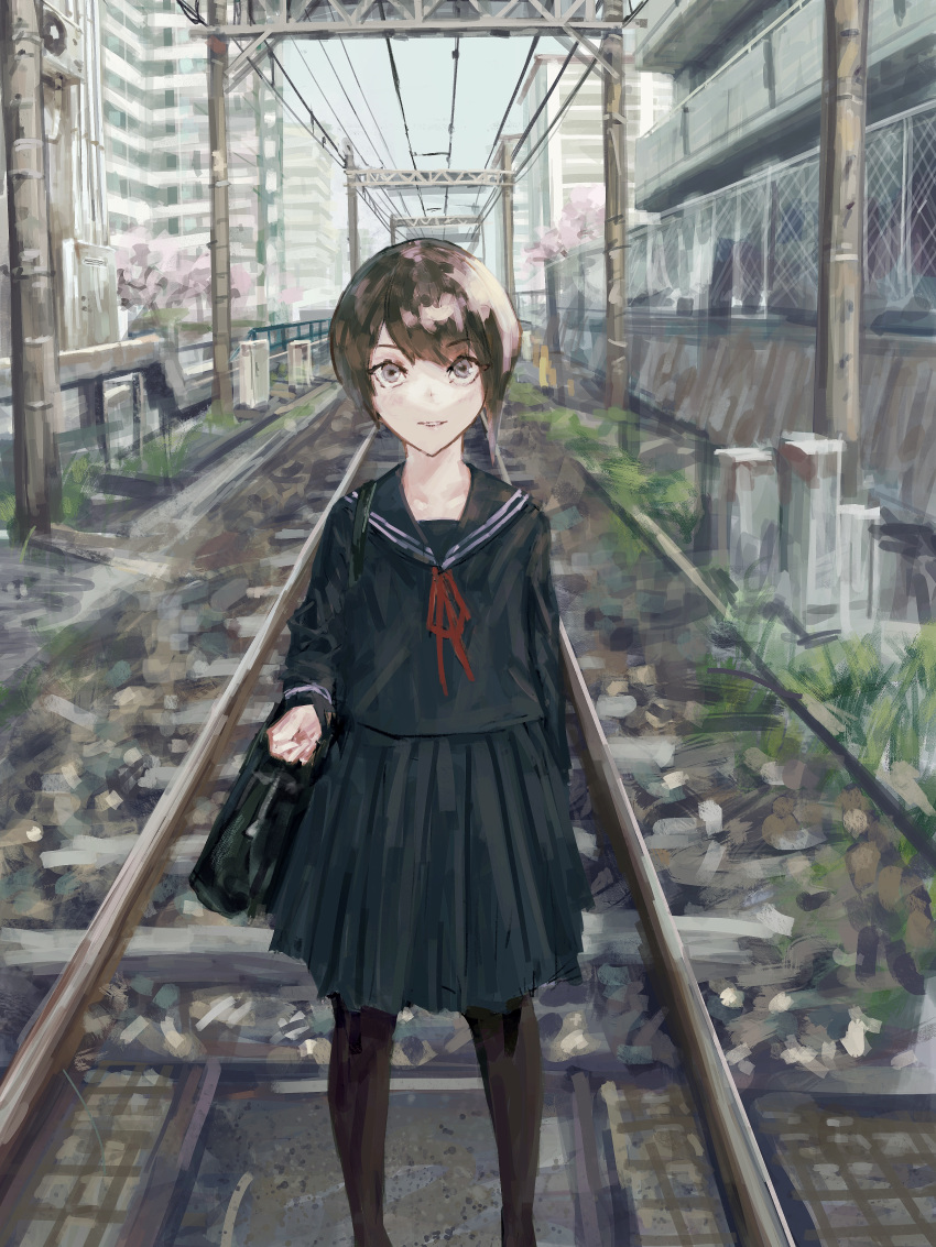 1girl absurdres bag black_legwear black_sailor_collar black_serafuku black_shirt black_skirt brown_eyes brown_hair building city commentary day highres long_sleeves looking_at_viewer neck_ribbon original outdoors pantyhose parted_lips pleated_skirt power_lines railroad_tracks red_ribbon ribbon sailor_collar school_bag school_uniform serafuku shirt short_hair skirt solo yuu_akine