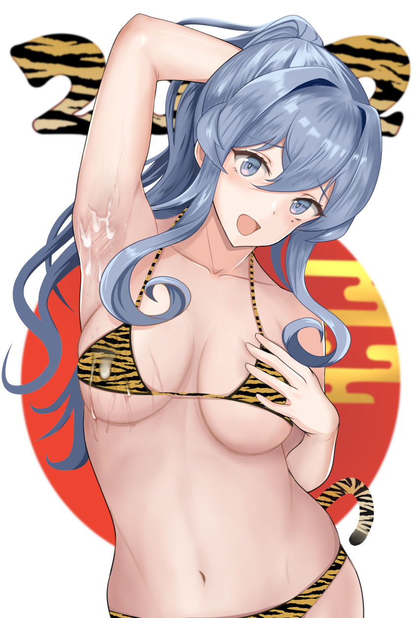 1girl 2022 :d absurdres animal_print arm_behind_head arm_up armpits bajitohfu bangs bikini blue_eyes blue_hair collarbone cum cum_on_armpits eyebrows_visible_through_hair gotland_(kancolle) hair_between_eyes hand_on_own_chest highres kantai_collection long_hair looking_at_viewer mole mole_under_eye smile solo standing swimsuit tail tiger_print tiger_tail upper_body white_background yellow_bikini