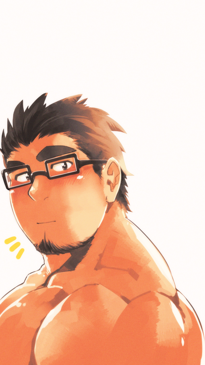 1boy bara black-framed_eyewear blush brown_hair facial_hair from_side glasses goatee higemorigen highres large_pectorals looking_at_viewer male_focus mature_male muscular muscular_male nude original pectorals short_hair sideburns solo thick_eyebrows upper_body