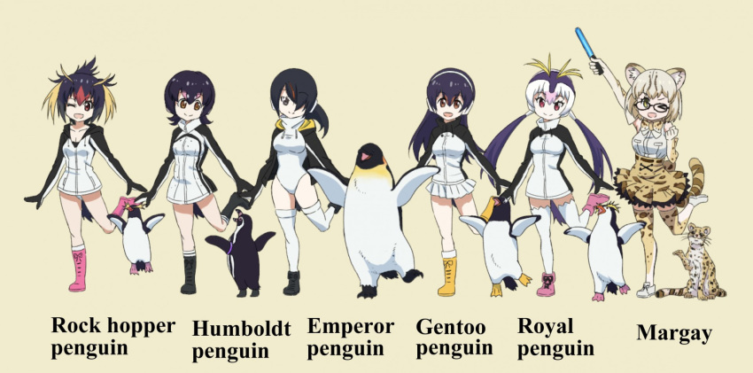 6+girls :d ;d arm_up bangs baton beige_background bird black-framed_eyewear black_footwear black_hair blonde_hair boots brown_eyes clenched_hand closed_mouth commentary_request creature_and_personification drawstring elbow_gloves emperor_penguin emperor_penguin_(kemono_friends) english_text gentoo_penguin gentoo_penguin_(kemono_friends) glasses gloves hair_over_one_eye hairband headphones high-waist_skirt highres hood hood_down hooded_leotard hoodie humboldt_penguin humboldt_penguin_(kemono_friends) jacket kemono_friends leg_up leotard long_hair long_sleeves looking_at_viewer low_twintails margay margay_(kemono_friends) margay_print medium_hair messy_hair miniskirt multicolored_hair multiple_girls namesake no_pants one_eye_closed open_mouth penguin penguins_performance_project_(kemono_friends) pink_footwear pleated_skirt print_gloves print_legwear print_skirt red_hair rockhopper_penguin rockhopper_penguin_(kemono_friends) royal_penguin royal_penguin_(kemono_friends) shirt shoes short_hair side_ponytail silver_hair simple_background skirt sleeveless sleeveless_shirt smile standing standing_on_one_leg swept_bangs thighhighs twintails white_hairband white_hoodie white_jacket white_legwear white_leotard white_shirt white_skirt yamaguchi_yoshimi yellow_footwear yellow_legwear yellow_skirt