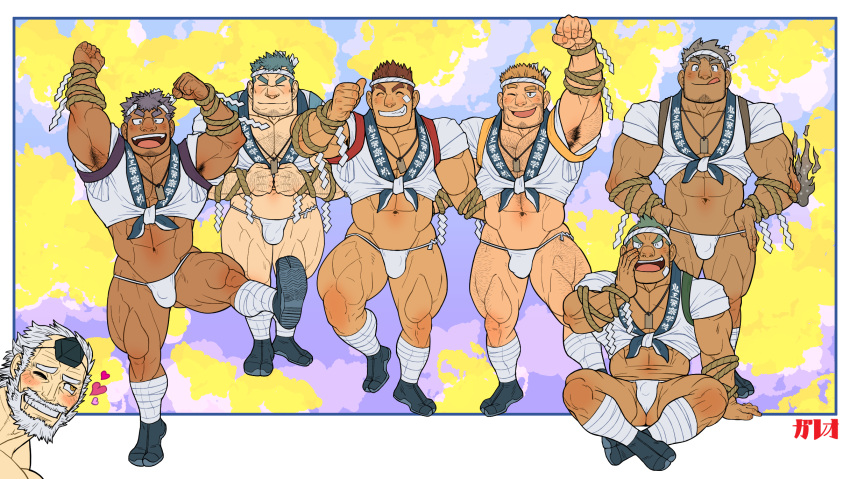 6+boys abs aether_deity_(housamo) armpit_hair armpits ass_visible_through_thighs bara bare_pectorals beard blonde_hair blue_hair blush body_hair brown_hair bulge cheering chest_hair facial_hair festival fire_deity_(housamo) flexing full_body fundoshi galeoria grey_hair group_picture hachimaki happi headband highres hogen_(housamo) infernal_deity_(housamo) japanese_clothes large_pectorals licking_lips looking_at_viewer male_focus male_harem male_underwear mature_male midriff multiple_boys muscular muscular_male navel nether_deity_(housamo) old old_man one_eye_closed pectorals peeking_out pose rope short_hair smile stomach stubble take_your_pick thick_thighs thighs tokyo_afterschool_summoners tongue tongue_out underwear water_deity_(housamo) white_male_underwear wood_deity_(housamo)