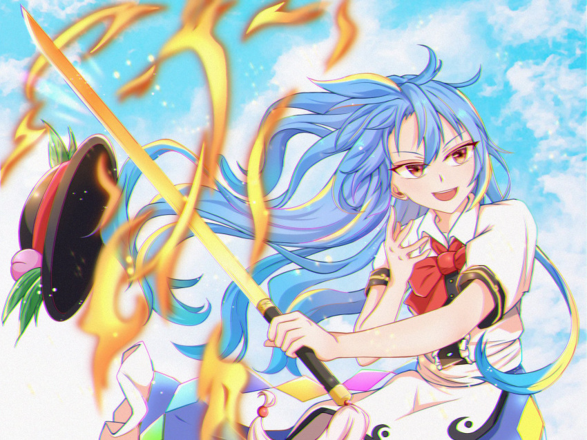 1girl arm_up bangs black_headwear blue_hair blue_skirt blue_sky bow bowtie brown_eyes buttons cloud cloudy_sky collar collared_shirt eyebrows_visible_through_hair fire food fruit hair_between_eyes hands_up hat highres hinanawi_tenshi leaf long_hair looking_to_the_side multicolored_eyes no_hat no_headwear open_mouth peach puffy_short_sleeves puffy_sleeves rainbow red_bow red_bowtie shirt short_sleeves skirt sky smile solo sword tasuku_(tusktouhou4) teeth tongue touhou weapon yellow_eyes