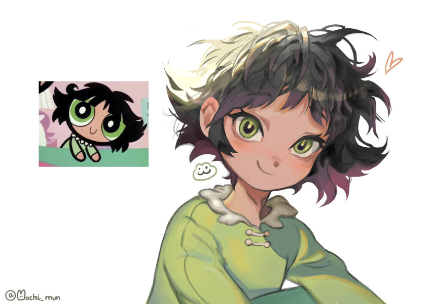 1girl artist_name bangs black_hair buttercup_(ppg) buttercup_redraw_challenge derivative_work eyebrows_visible_through_hair green_eyes green_pajamas heart highres looking_at_viewer messy_hair mochi_mun powerpuff_girls reference_inset screencap_redraw shadow simple_background smile solo white_background