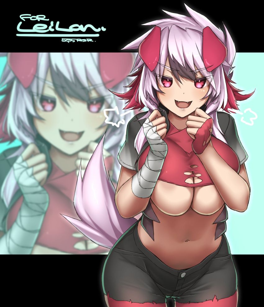 16.6_(artist) alternate_form alternate_species animal_humanoid areola areola_slip arm_wraps big_breasts biped bottomwear breasts canid canid_humanoid canine canine_humanoid clothed clothing crop_top cute_fangs digital_media_(artwork) fangs female fingerless_gloves fingers floppy_ears front_view fur glistening glistening_body glistening_fur glistening_tail gloves grey_bottomwear grey_clothing grey_hair grey_shirt grey_shorts grey_topwear hair hand_wraps handwear happy hi_res humanoid humanoid_hands humanoidized legwear light_body light_skin looking_at_viewer lycanroc mammal mammal_humanoid midnight_lycanroc midriff monotone_ears monotone_tail multicolored_body multicolored_fur multicolored_hair navel nintendo open_clothing open_mouth open_shirt open_smile open_topwear pink_areola pink_body pink_ears pink_eyes pink_fur pink_hair pok&eacute;mon pok&eacute;mon_(species) pok&eacute;mon_humanoid pok&eacute;morph portrait red_clothing red_gloves red_handwear red_legwear red_shirt red_topwear shirt shorts smile solo standing three-quarter_portrait topwear two_tone_body two_tone_fur under_boob video_games white_body white_fur white_hair white_tail wraps