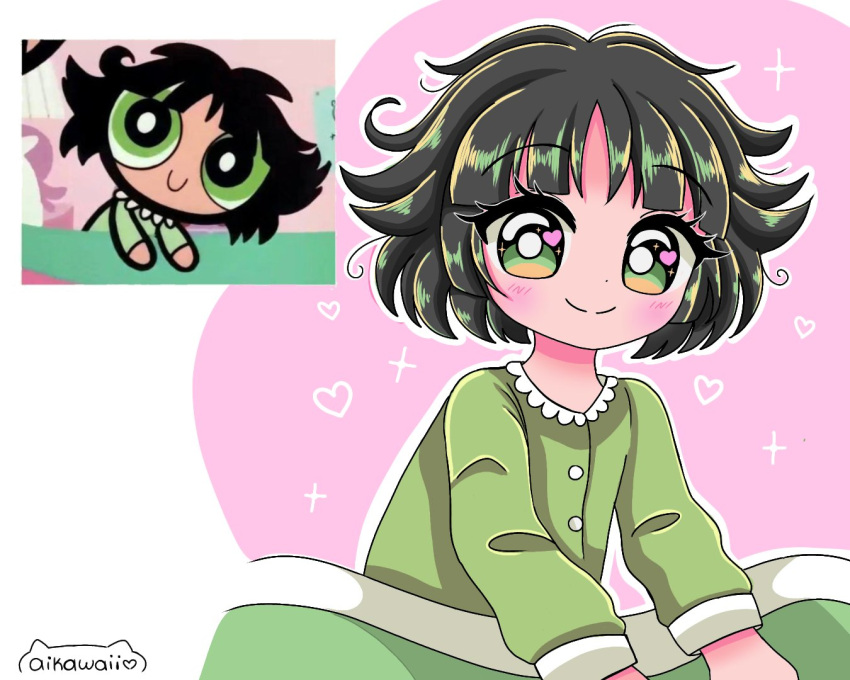 1girl aikawaii artist_name bangs black_hair blush bright_pupils buttercup_(ppg) buttercup_redraw_challenge derivative_work eyebrows_visible_through_hair green_eyes green_pajamas heart long_sleeves messy_hair outline pink_background powerpuff_girls reference_inset screencap_redraw short_hair solo sparkle under_covers white_outline white_pupils