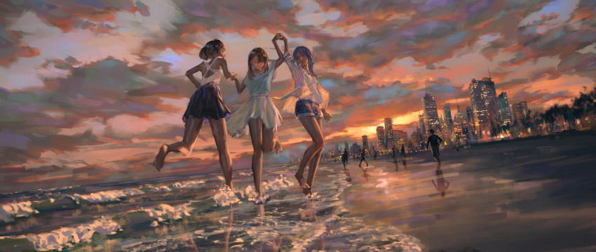 3girls 6+others absurdres bare_arms barefoot beach black_hair black_skirt blue_eyes blue_hair blue_shirt brown_hair building closed_eyes closed_mouth cloud cloudy_sky commentary dark-skinned_female dark_skin denim denim_shorts dutch_angle english_commentary evening hands_up highres jumping long_hair looking_at_another multiple_girls multiple_others ocean original pleated_skirt shirt short_hair short_sleeves shorts skirt sky skyline sleeveless sleeveless_shirt sunset waves white_shirt white_skirt yuu_akine