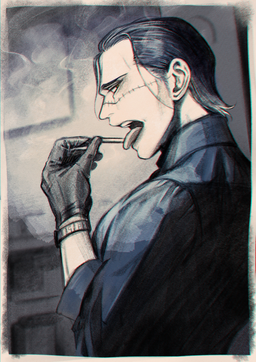 1boy absurdres black_hair cigarette from_side gloves hair_slicked_back highres looking_at_viewer male_focus muted_color one_piece open_mouth scar scar_on_face sir_crocodile sleeves_rolled_up solo tongue tongue_out ukari