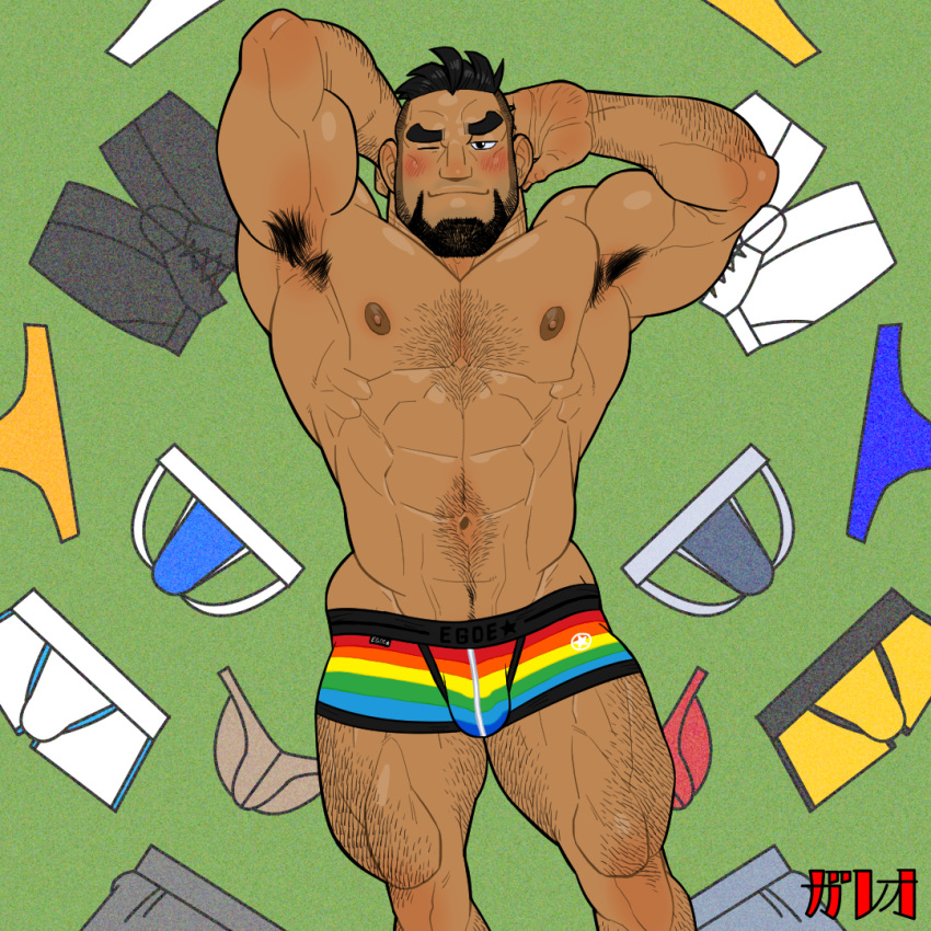 1boy abs arm_hair armpits arms_behind_head bara beard blue_male_swimwear blue_male_underwear blush boxer_briefs briefs bulge chest_hair dark-skinned_male dark_skin facial_hair feet_out_of_frame from_above galeoria grey_male_underwear groin hairy jockstrap large_pectorals leg_hair lgbt_pride looking_at_viewer lying male_focus male_swimwear male_underwear male_underwear_removed mature_male muscular muscular_male navel navel_hair nipples on_back original pectorals presenting_armpit print_male_underwear rainbow_gradient short_hair sideburns solo stomach swim_briefs thick_eyebrows thick_thighs thighs topless_male undercut underwear underwear_only white_male_underwear yellow_male_underwear