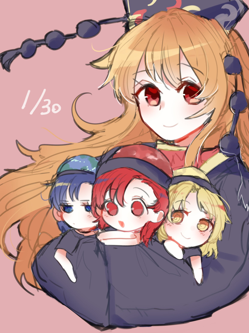 4girls absurdres black_dress black_shirt blonde_hair blue_eyes blue_hair blush chibi chinese_clothes crescent crossed_arms dated dress earth_(ornament) eyebrows_visible_through_hair hecatia_lapislazuli hecatia_lapislazuli_(earth) hecatia_lapislazuli_(moon) highres holding_person hug junko_(touhou) long_hair looking_at_viewer medium_hair moon_(ornament) moyashi_(oekaki_touhou) multiple_girls one-hour_drawing_challenge open_mouth orange_hair pink_background polos_crown pom_pom_(clothes) red_eyes red_hair shirt short_sleeves simple_background smile t-shirt tabard touhou unamused upper_body wide_sleeves yellow_eyes