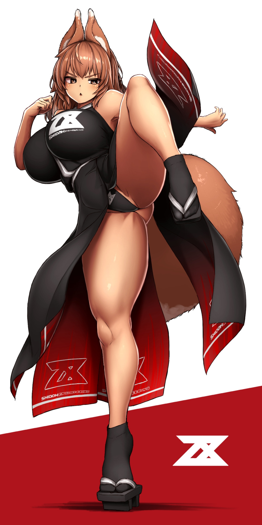 16.6_(artist) 5_fingers absurd_res action_pose animal_humanoid asian_clothing big_breasts biped black_clothing black_dress black_footwear black_socks black_underwear breasts brown_body brown_ears brown_eyes brown_fur brown_inner_ear brown_tail canid canid_humanoid canine canine_humanoid chinese_clothing chinese_dress clothed clothing digital_media_(artwork) dipstick_ears dipstick_tail dress east_asian_clothing female fingers fluffy fluffy_tail footwear fox_humanoid front_view full-length_portrait fully_clothed fur geta glistening glistening_body glistening_fur glistening_hair glistening_skin glistening_tail hair hi_res huge_breasts humanoid humanoid_hands inner_ear_fluff japanese_clothing light_body light_skin logo long_hair looking_at_viewer mammal mammal_humanoid markings monotone_hair multicolored_body multicolored_ears multicolored_fur on_one_leg portrait pose race_queen red_clothing red_dress simple_background socks solo standing tabi_socks tail_markings thick_tail thick_thighs tuft two_tone_body two_tone_ears two_tone_fur two_tone_tail underwear white_background white_body white_ears white_fur white_tail