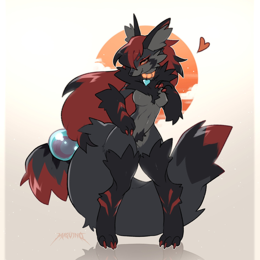 &lt;3 2022 3_fingers absurd_res anthro big_tail breasts canid canine claws collar collar_only crotch_tuft female fingers fluffy fluffy_tail fur fur_markings hair hand_on_breast hand_on_hip heart_pendant hi_res inner_ear_fluff long_hair looking_at_viewer mammal markings masvino naughty_smile nintendo nude orange_sclera pok&eacute;mon pok&eacute;mon_(species) red_claws red_eyes red_hair simple_background smile smiling_at_viewer solo tuft video_games zoroark