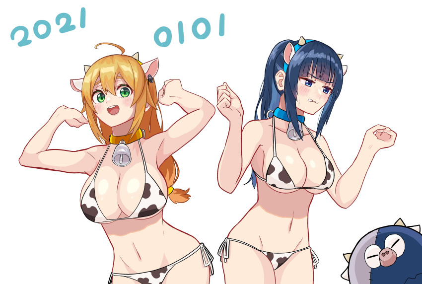 2021 2girls absurdres ahoge animal_collar animal_ears animal_print arms_up bangs bell bikini blonde_hair blue_collar blue_eyes blue_hair blunt_bangs blush breasts chinese_zodiac cleavage collar cow_ears cow_horns cow_print dated fake_animal_ears fake_horns frown glaring green_eyes grimace groin halterneck highres horns large_breasts long_hair low-tied_long_hair multiple_girls navel neck_bell new_year open_mouth original petoka pig ponytail print_bikini side-tie_bikini sidelocks simple_background smile sweatdrop swimsuit w_arms white_background white_bikini year_of_the_ox yellow_collar