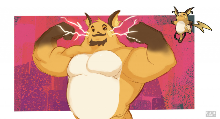 2022 abstract_background anthro barazoku beard biceps biped digital_drawing_(artwork) digital_media_(artwork) eyebrows facial_hair flexing flufflecraft fur male mammal musclegut muscular muscular_anthro muscular_male mustache nintendo orange_body orange_fur pecs pinup pok&eacute;mon pok&eacute;mon_(species) pok&eacute;morph pose raichu reference_image rodent solo tan_body tan_fur video_games