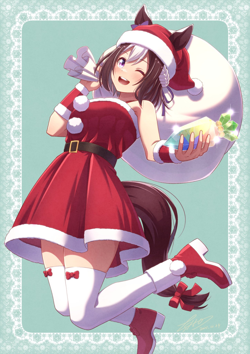 1girl animal_ears arm_warmers artist_name bangs belt black_belt boots bow_legwear brown_hair christmas crystal dated dress floating fur-trimmed_dress fur_trim gem hachimaki hat headband highres holding holding_gem holding_sack horse_ears horse_girl horse_tail legs_up looking_at_viewer one_eye_closed open_mouth over_shoulder red_dress red_footwear red_headwear red_ribbon ribbon sack santa_boots santa_dress santa_hat short_dress short_hair signature smile solo spaghetti_strap sparkle tail tail_ornament tail_ribbon takaokasho thighhighs umamusume white_hair white_headband white_legwear