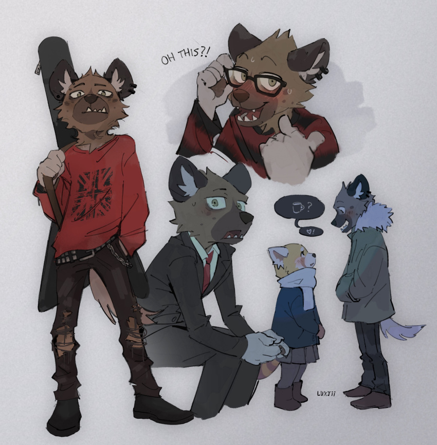 2022 aggressive_retsuko ailurid anthro black_tie_(suit) blush clothing eyewear fenneko glasses guitar haida hand_in_pocket hi_res hyaenid luxjii male male_focus mammal musical_instrument necktie plucked_string_instrument pockets red_panda sanrio sitting solo_focus spotted_hyena string_instrument suit