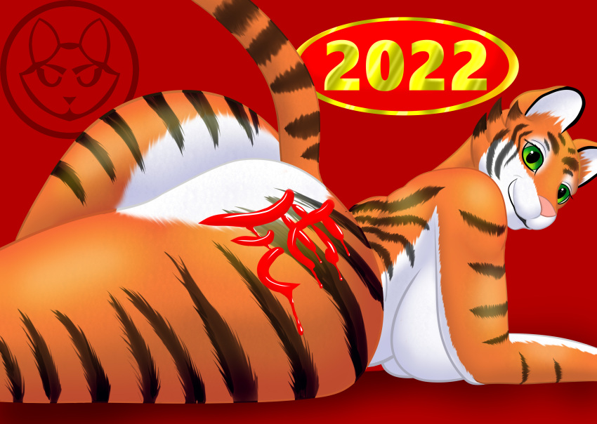 2022 absurd_res anthro big_butt breasts butt chinese_zodiac felid female fur green_eyes hi_res holidays mammal mike_santos multicolored_body multicolored_fur new_year nude pantherine smile solo tiger year_of_the_tiger