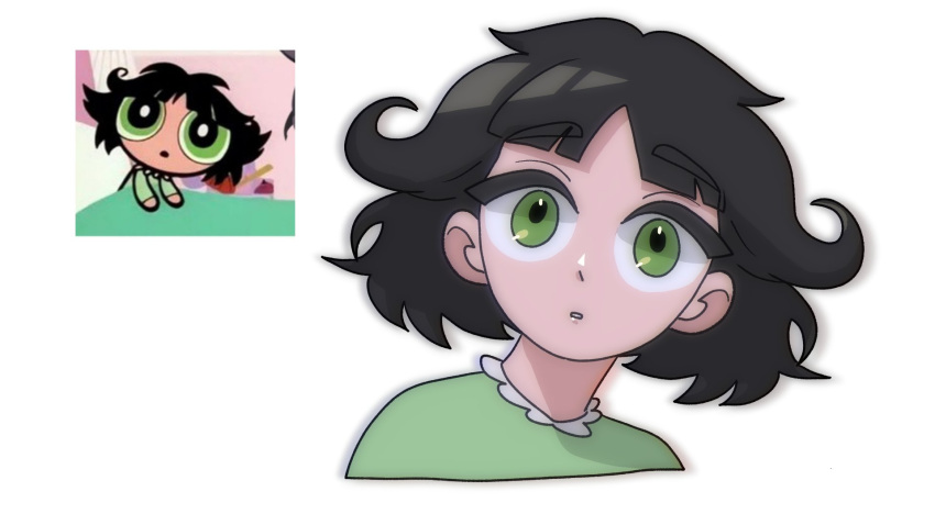 1girl bangs black_hair buttercup_(ppg) buttercup_redraw_challenge derivative_work eyebrows_visible_through_hair green_eyes green_pajamas highres looking_at_viewer messy_hair nohoo parted_lips powerpuff_girls reference_inset screencap_redraw simple_background solo white_background