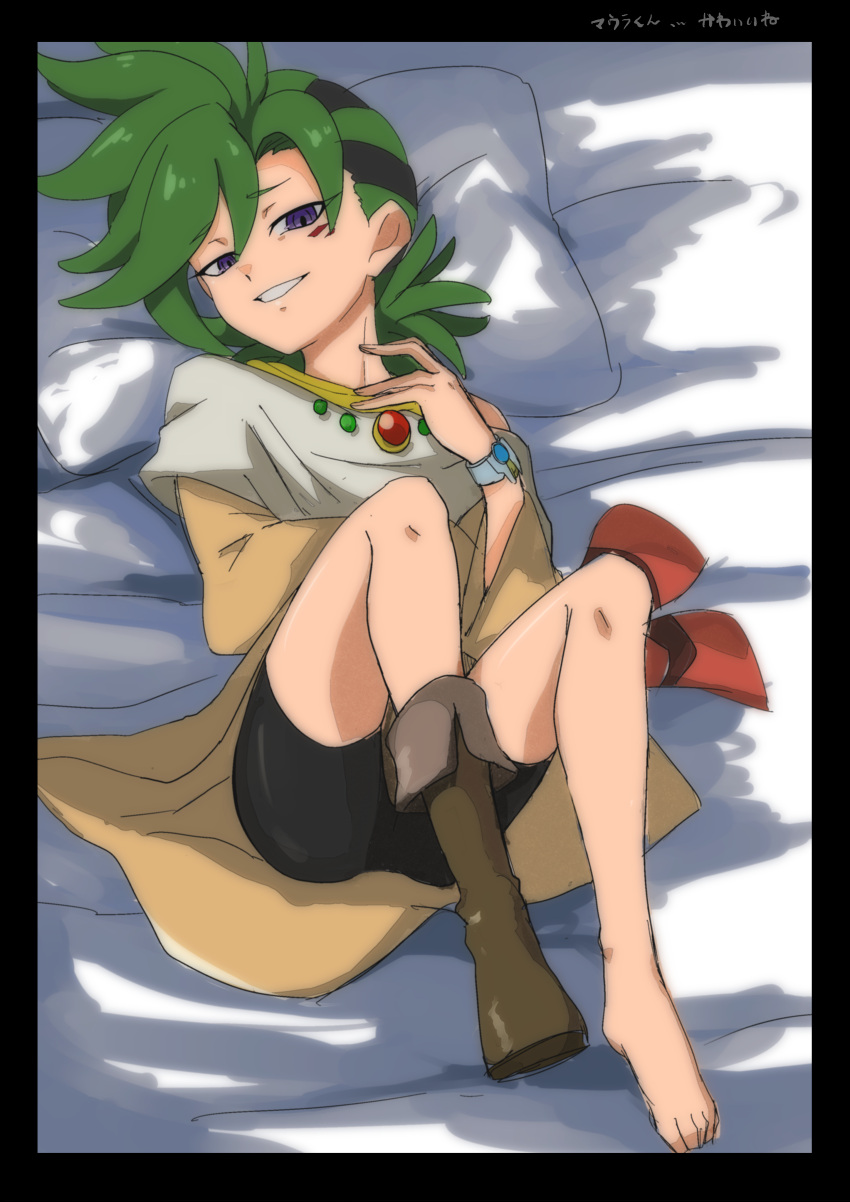 1boy absurdres bangs bed black_hair boot_removed boots bracelet facial_mark green_hair grin hair_between_eyes highres hira_shain jewelry looking_at_viewer lying male_focus mauro_abelard multicolored_hair necklace off_shoulder on_back on_bed pillow purple_eyes shadowverse shadowverse_(anime) single_boot smile solo spiked_hair tunic two-tone_hair