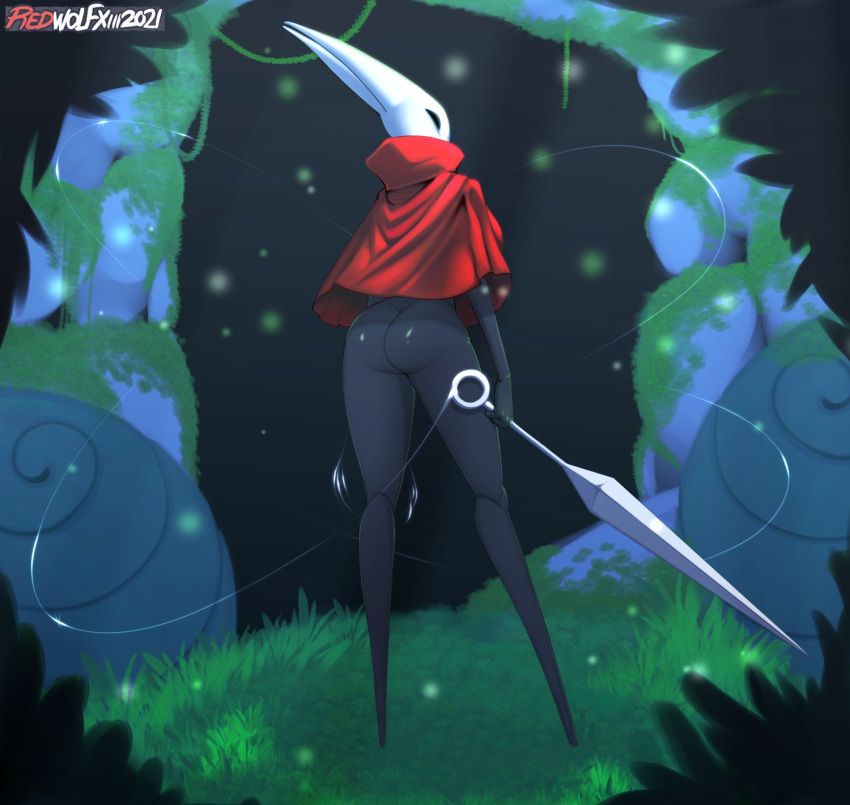 2021 big_butt bottomless butt clothed clothing female hi_res holding_melee_weapon holding_object holding_weapon hollow_knight hornet_(hollow_knight) redwolfxiii solo team_cherry vessel_(species) video_games weapon