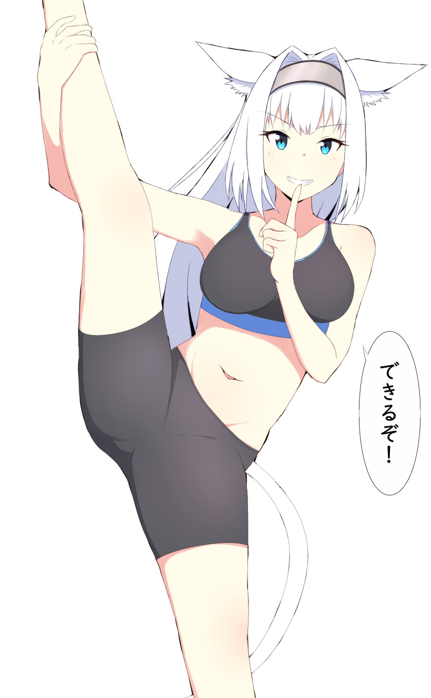 1girl absurdres animal_ear_fluff animal_ears arm_up bangs bare_arms bare_shoulders bike_shorts black_shorts blue_eyes breasts collarbone dobrynya_nikitich_(fate) eyebrows_visible_through_hair fate/grand_order fate_(series) feet_out_of_frame grey_hairband grin groin hair_intakes hairband highres leg_up long_hair medium_breasts mitchi navel short_shorts shorts simple_background smile solo split sports_bra standing standing_on_one_leg standing_split tail translation_request v-shaped_eyebrows very_long_hair white_background white_hair