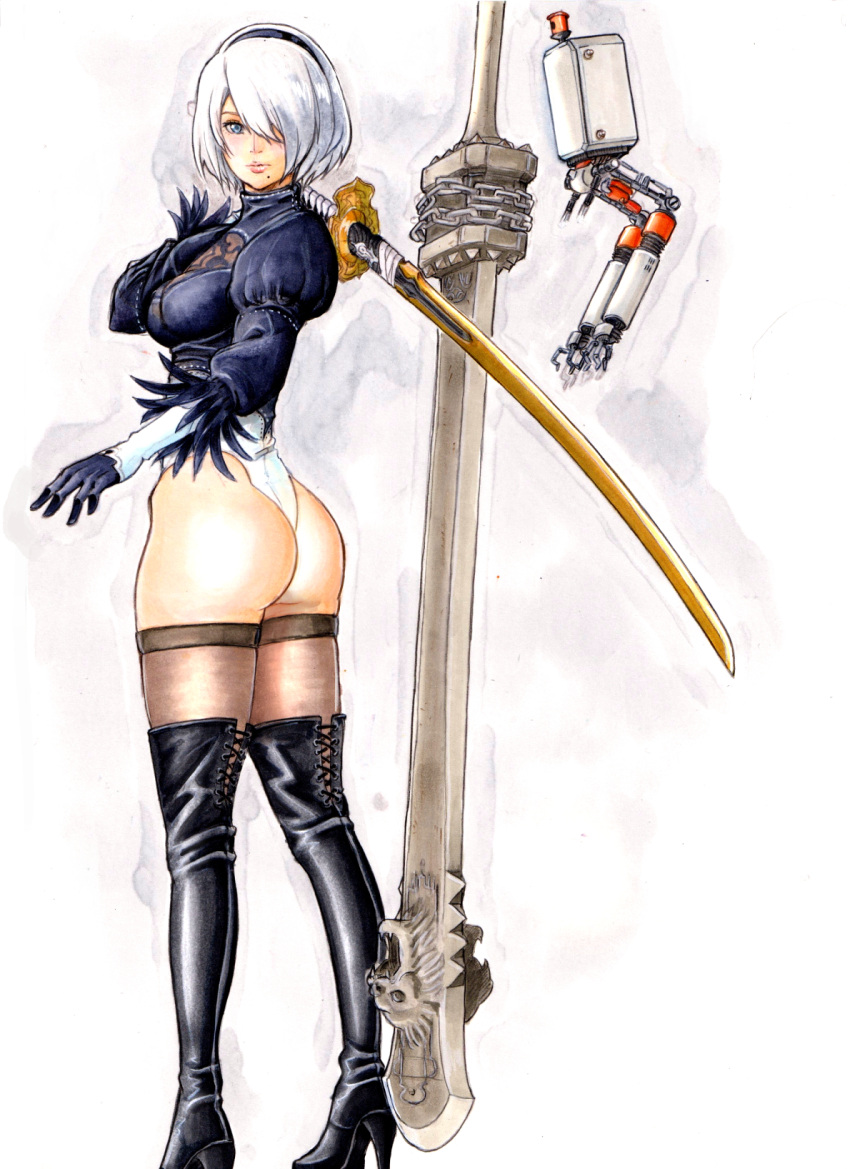 1girl ass black_gloves black_hairband black_leotard blue_eyes bob_cut boots chain cleavage_cutout clothing_cutout commentary from_behind full_body gloves greatsword hair_over_one_eye hairband high_heel_boots high_heels highres holding holding_sword holding_weapon katana lace leotard lips long_sleeves mechanical_arms mole mole_under_mouth nier_(series) nier_automata over_shoulder puffy_sleeves robot sayamiya sheer_legwear short_hair solo standing sword thigh_boots thighhighs weapon weapon_over_shoulder white_hair white_leotard yorha_no._2_type_b