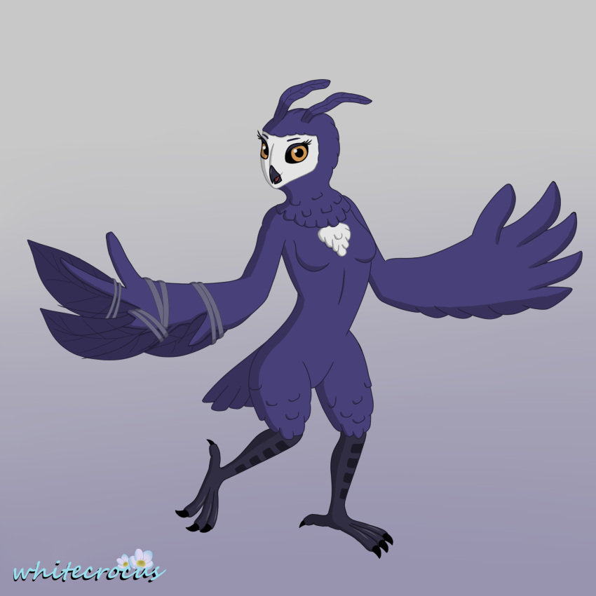 1:1 anthro anthrofied avian beak bird breasts broken_wing chest_tuft digital_media_(artwork) eyelashes feathers featureless_crotch female grey_background hair heart_on_body hi_res ku leaf leaf_ears looking_at_viewer microsoft on_one_leg orange_eyes ori_(series) ori_and_the_will_of_the_wisps owl prosthetic_wing purple_body purple_feathers purple_hair simple_background small_breasts solo standing straps tail_feathers talons tongue tuft white_chest_tuft white_face whitecrocus winged_arms wings