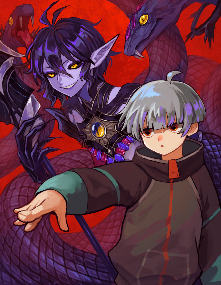 2boys ahoge black_sclera blue_skin bowl_cut colored_sclera colored_skin grin hair_between_eyes hebigami_kou highres jitome long_pointy_ears monster_boy multiple_boys o_(rcmv4552) orange_eyes pointy_ears purple_hair shadowverse_(anime) silver_hair smile snake sweatshirt yellow_eyes