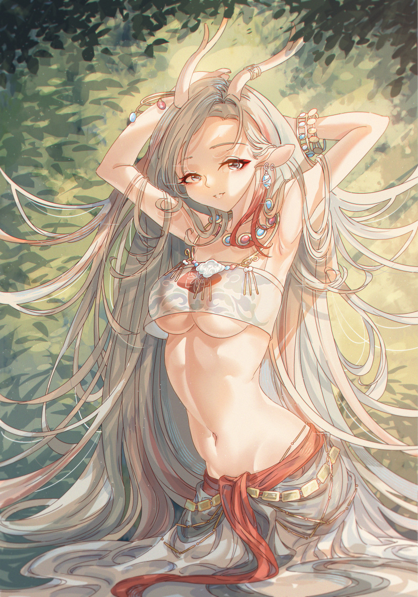 1girl a_deer_of_nine_colors absurdres animal_ears antler_ornament antlers arknights armpits arms_behind_head arms_up bandeau bare_arms bare_shoulders blue_hair bracelet breasts brown_eyes chinese_commentary commentary_request cowboy_shot deer_antlers deer_ears earrings grey_skirt highres innoarukugyou jewelry large_breasts looking_at_viewer makeup mascara midriff multicolored_hair navel necklace nine-colored_deer parted_lips plant red_hair revealing_clothes revision shirt silver_hair skirt smile solo stomach strapless strapless_shirt underboob wading