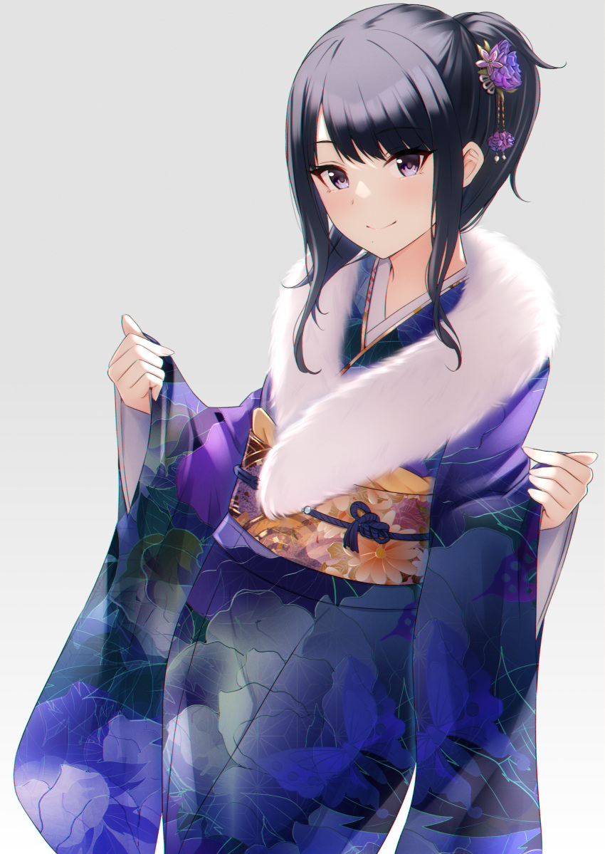 1girl absurdres black_hair commentary_request floral_print fur-trimmed_kimono fur_trim highres idolmaster idolmaster_shiny_colors japanese_clothes kazano_hiori kimono long_hair looking_at_viewer miyar2d2 obi purple_eyes sash simple_background smile solo