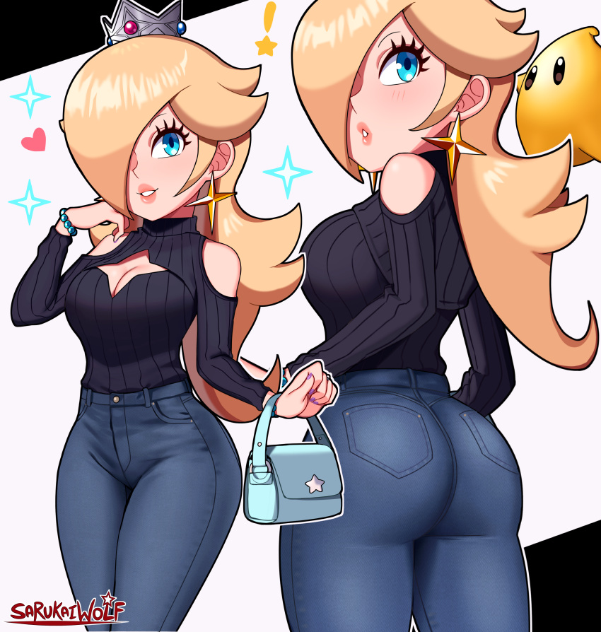 ! 1girl absurdres alternate_costume artist_name ass bag blonde_hair blue_eyes bracelet breasts casual cleavage cleavage_cutout clothing_cutout crown curvy denim earrings eyelashes hair_over_one_eye handbag heart highres jeans jewelry light_blush luma_(mario) mario_(series) mini_crown narrow_waist pants rosalina sarukaiwolf shoulder_cutout smile star_(symbol) star_earrings super_mario_galaxy turtleneck wide_hips