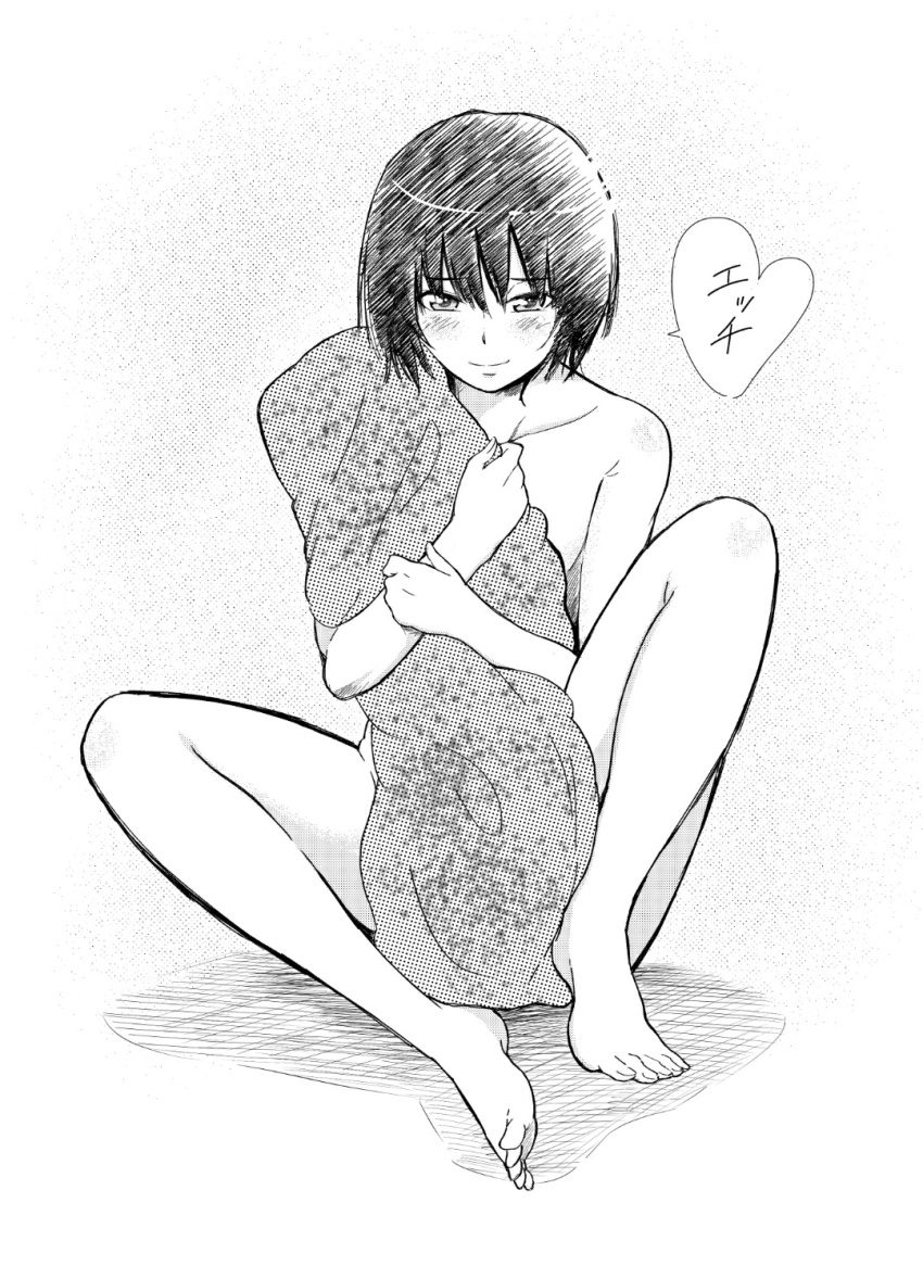 1girl amagami bangs barefoot bed_sheet black_hairband blush bob_cut collarbone commentary covering covering_breasts covering_crotch feet full_body greyscale hairband halftone halftone_background hatching_(texture) heart highres jishaku_(user_rcuz2843) knees_up looking_at_viewer m_legs monochrome naked_sheet nanasaki_ai nude screentones shadow short_hair sitting sketch smile solo speech_bubble spoken_heart spread_legs toes