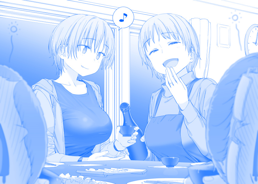 2boys 2girls apron blue_theme blush bottle breasts choko_(cup) clock commentary_request cup drunk eyebrows_visible_through_hair father_and_daughter father_and_son food full-face_blush getsuyoubi_no_tawawa gimai-chan's_stepbrother_(tawawa) gimai-chan_(tawawa) glasses half-closed_eyes highres himura_kiseki large_breasts mother_and_daughter mother_and_son multiple_boys multiple_girls musical_note open_mouth sake_bottle sashimi short_hair spoken_musical_note