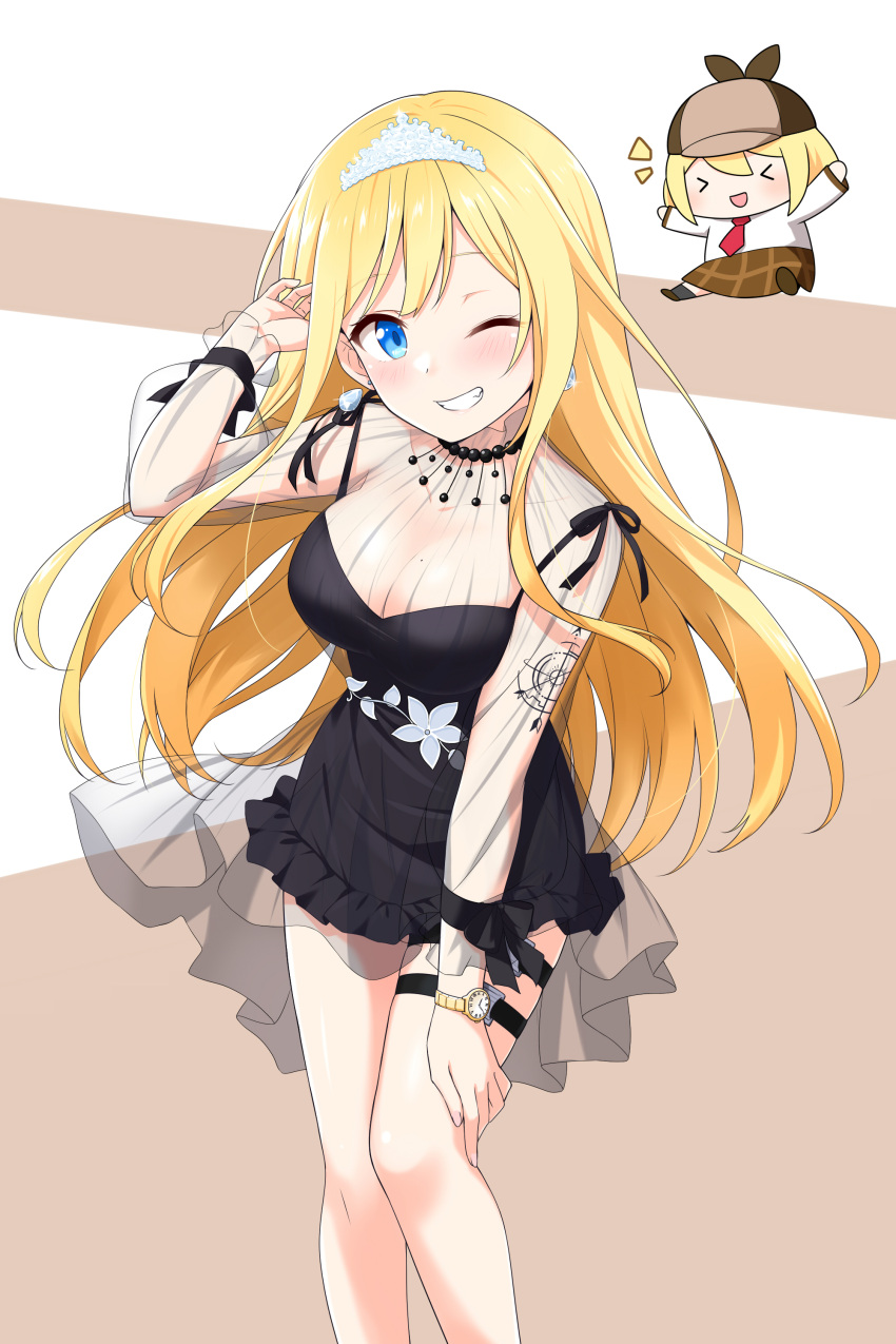 1girl absurdres alternate_costume arm_tattoo bangs black_dress blonde_hair blue_eyes breasts cleavage commentary diamond_earrings dress earrings english_commentary eyebrows_visible_through_hair felutiahime grin highres hololive hololive_english jewelry large_breasts long_hair looking_at_viewer mole mole_on_breast official_alternate_costume one_eye_closed smile smol_ame tattoo thigh_strap virtual_youtuber watch watson_amelia wristwatch