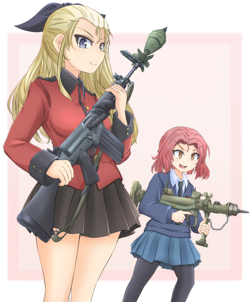 2girls absurdres assam_(girls_und_panzer) battle_rifle black_legwear black_necktie black_ribbon black_skirt blonde_hair blue_eyes blue_skirt blue_sweater brown_eyes closed_mouth commentary_request dress_shirt english_text epaulettes explosive girls_und_panzer grenade grenade_launcher gun hair_pulled_back highres holding holding_gun holding_weapon jacket l1a1 leaning_forward long_hair long_sleeves looking_at_viewer medium_hair mikeran_(mikelan) military military_uniform miniskirt multiple_girls necktie open_mouth pantyhose partial_commentary piat pleated_skirt red_hair red_jacket ribbon rifle rifle_grenade rosehip_(girls_und_panzer) school_uniform shirt skirt smile smirk st._gloriana's_military_uniform st._gloriana's_school_uniform standing sweater trigger_discipline uniform v-neck v-shaped_eyebrows weapon white_shirt wing_collar