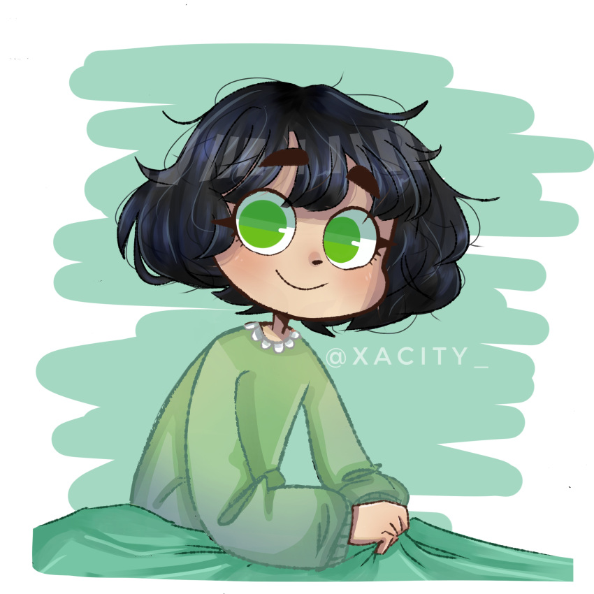 1girl absurdres artist_name bangs black_hair blush buttercup_(ppg) buttercup_redraw_challenge derivative_work eyebrows_visible_through_hair green_eyes green_pajamas highres looking_at_viewer messy_hair powerpuff_girls screencap_redraw smile solo under_covers upper_body xacity