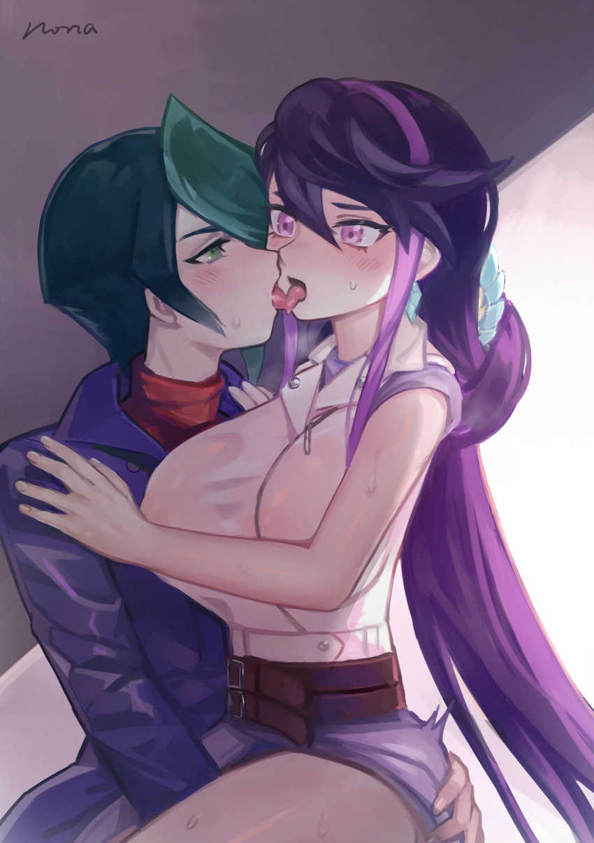 1boy 1girl absurdres ass_grab belt blush breasts brother_and_sister dark_green_hair french_kiss green_eyes green_hair hetero highres incest kiss kurosaki_ruri kurosaki_shun large_breasts multicolored_hair norza purple_eyes purple_hair siblings sitting sitting_on_lap sitting_on_person sweat tongue tongue_out yu-gi-oh! yu-gi-oh!_arc-v