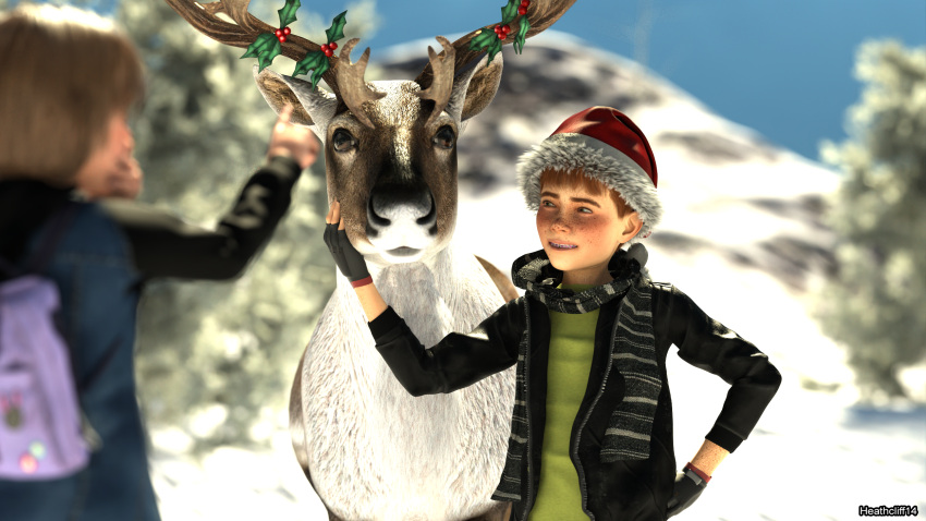 ) 3d_(artwork) antlers backpack blue_stahli braces capreoline cervid child choker collar digital_media_(artwork) feral group group_sex heathcliff14 heathcliff_(heathcliff14) hi_res horn human jewelry male male/male mammal mistletoe necklace open_mouth petting plant reindeer scarf seph_(dadiwritegayporn) sex snow threesome young