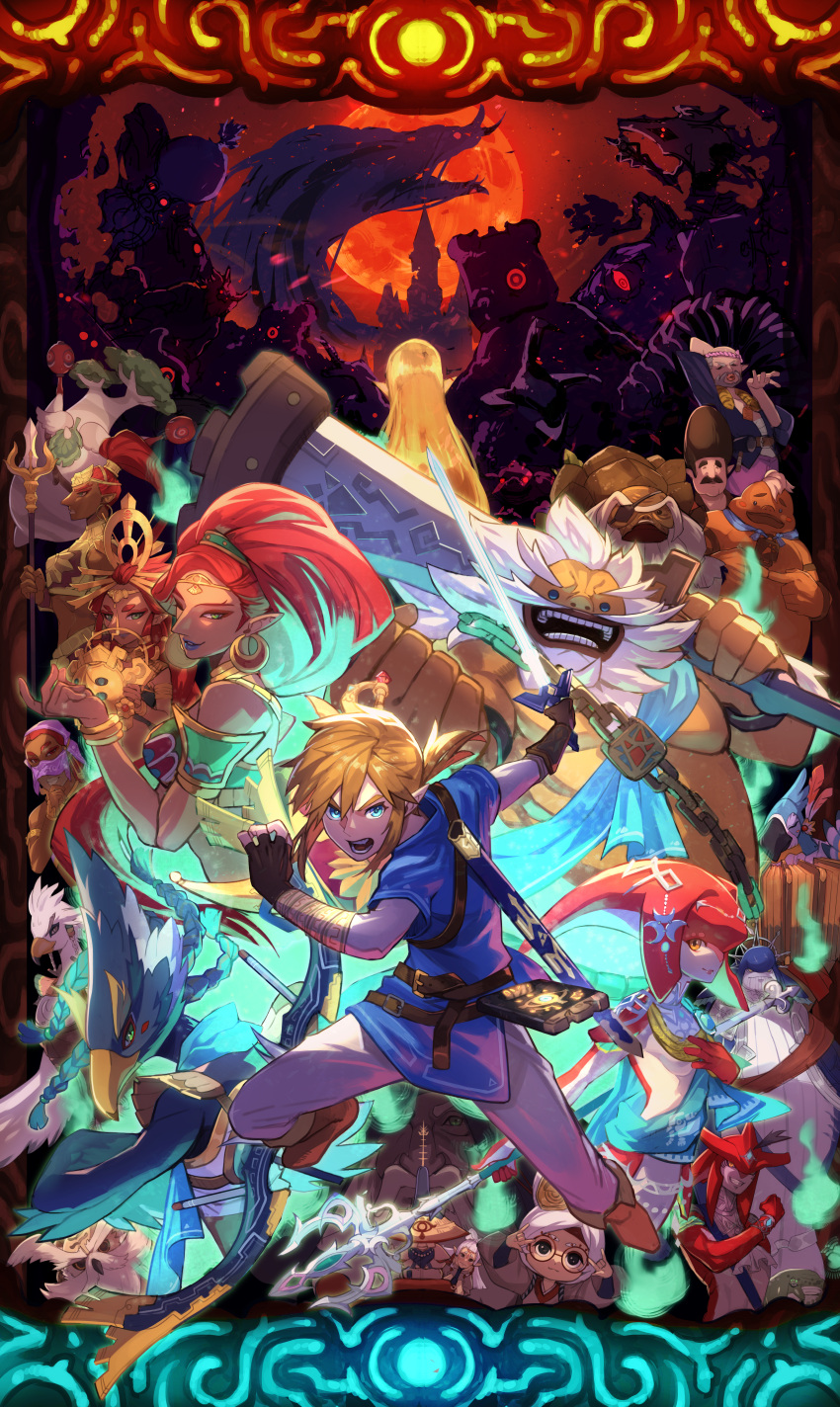 6+boys 6+girls absurdres bow_(weapon) daruk everyone ganon gerudo goron guardian_(breath_of_the_wild) hestu highres impa kass link lynel master_sword mipha monster multiple_boys multiple_girls open_mouth paya_(zelda) polearm princess_zelda purah revali rhoam_bosphoramus_hyrule riju rito sheikah sheikah_slate shield sidon spear sword teba_(zelda) the_legend_of_zelda the_legend_of_zelda:_breath_of_the_wild the_legend_of_zelda:_breath_of_the_wild_2 trident uedrk_yamato urbosa weapon yunobo zora